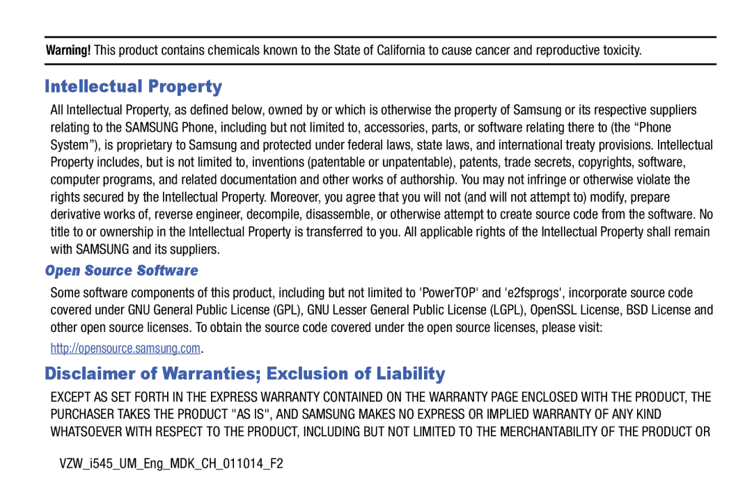 Samsung GH68-38773F Intellectual Property, Disclaimer of Warranties Exclusion of Liability, Open Source Software 