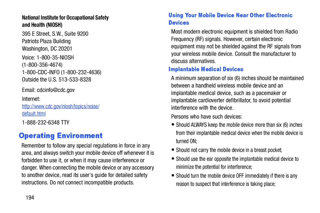 Samsung GH68-38773F user manual Operating Environment, Using Your Mobile Device Near Other Electronic Devices 