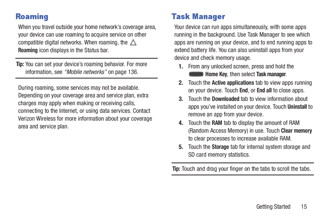 Samsung GH68-38773F Roaming, Task Manager, From any unlocked screen, press and hold, Home Key, then select Task manager 