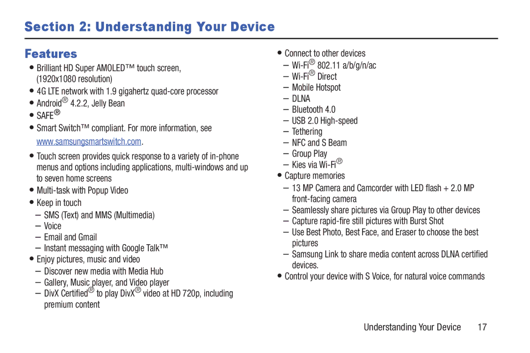 Samsung GH68-38773F user manual Features, Android 4.2.2, Jelly Bean 