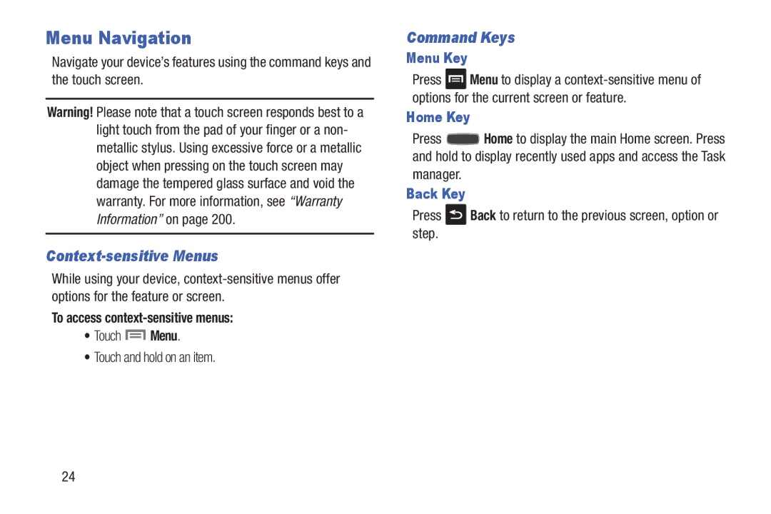 Samsung GH68-38773F user manual Menu Navigation, Context-sensitive Menus, Command Keys 