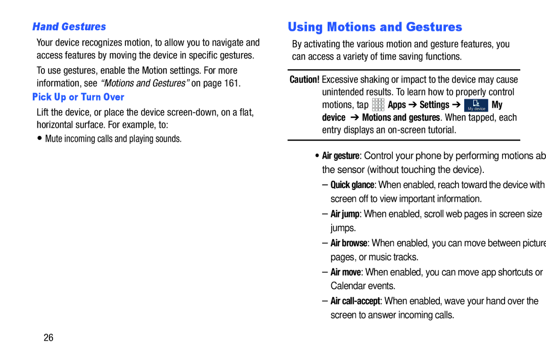 Samsung GH68-38773F user manual Using Motions and Gestures, Hand Gestures, Pick Up or Turn Over, Motions, tap 