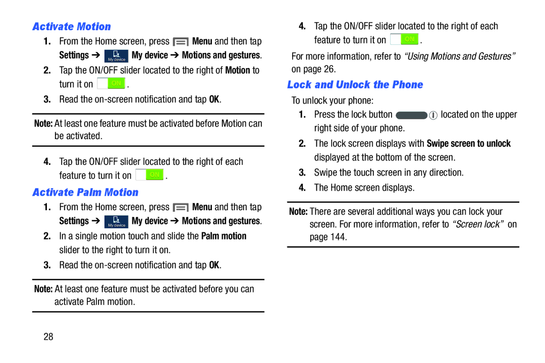 Samsung GH68-38773F user manual Activate Motion, Activate Palm Motion, Lock and Unlock the Phone 