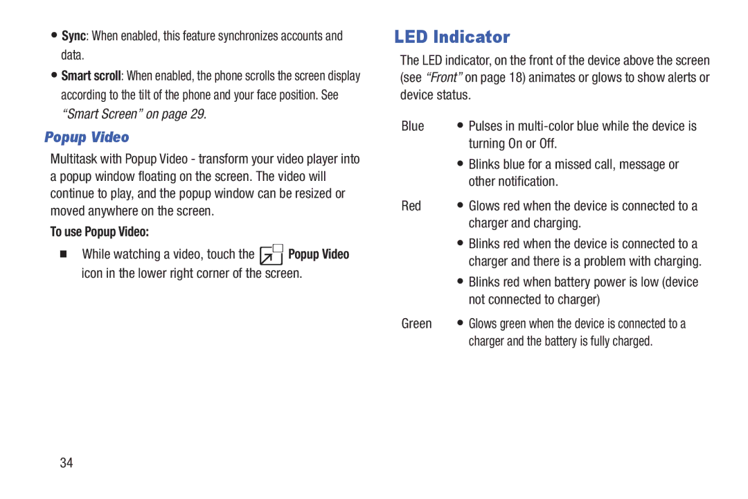 Samsung GH68-38773F user manual LED Indicator, To use Popup Video 