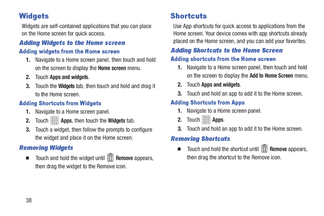 Samsung GH68-38773F user manual Widgets, Shortcuts 