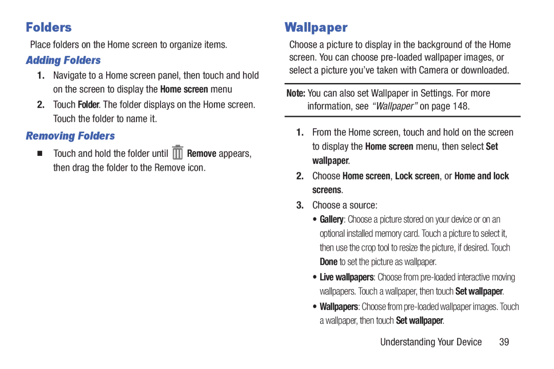 Samsung GH68-38773F user manual Wallpaper, Adding Folders, Removing Folders 