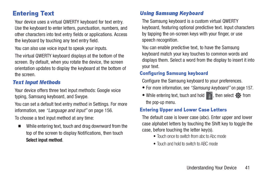 Samsung GH68-38773F user manual Entering Text, Text Input Methods, Using Samsung Keyboard, Configuring Samsung keyboard 