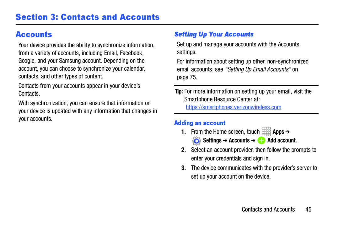 Samsung GH68-38773F user manual Setting Up Your Accounts, Adding an account, Settings Accounts Add account 