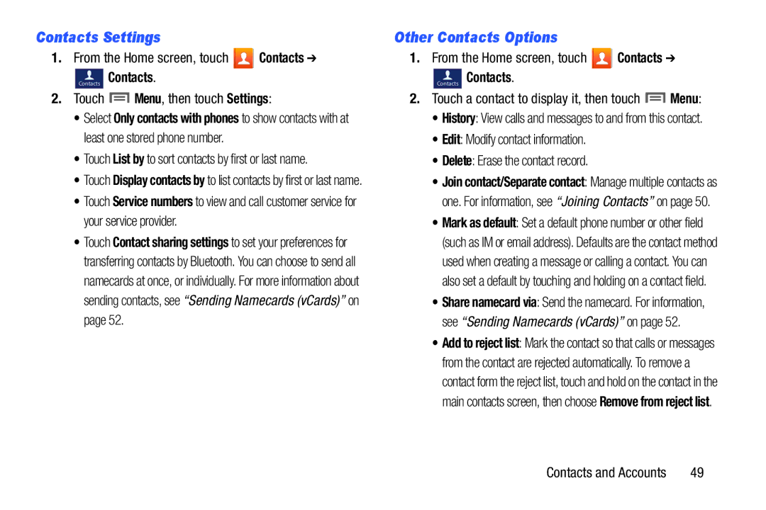 Samsung GH68-38773F user manual Contacts Settings, Other Contacts Options, Touch Menu, then touch Settings 