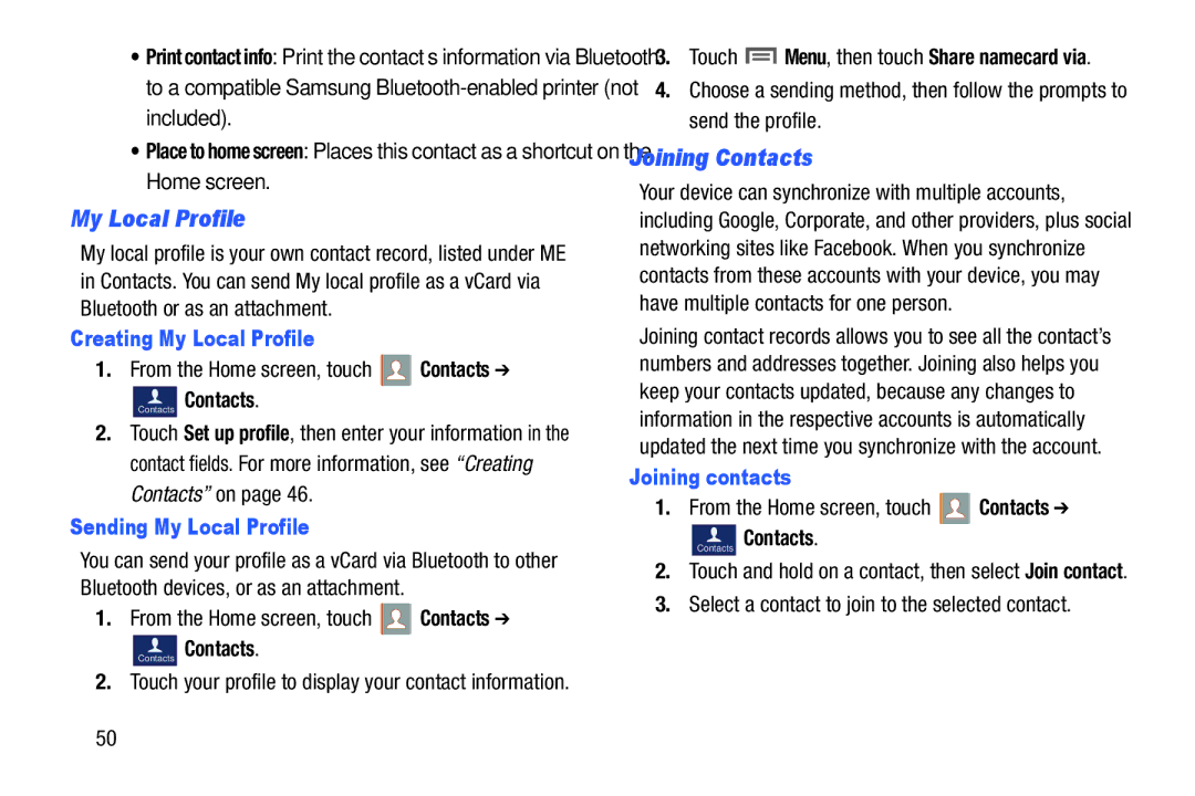 Samsung GH68-38773F user manual Joining Contacts, Creating My Local Profile, Sending My Local Profile, Joining contacts 