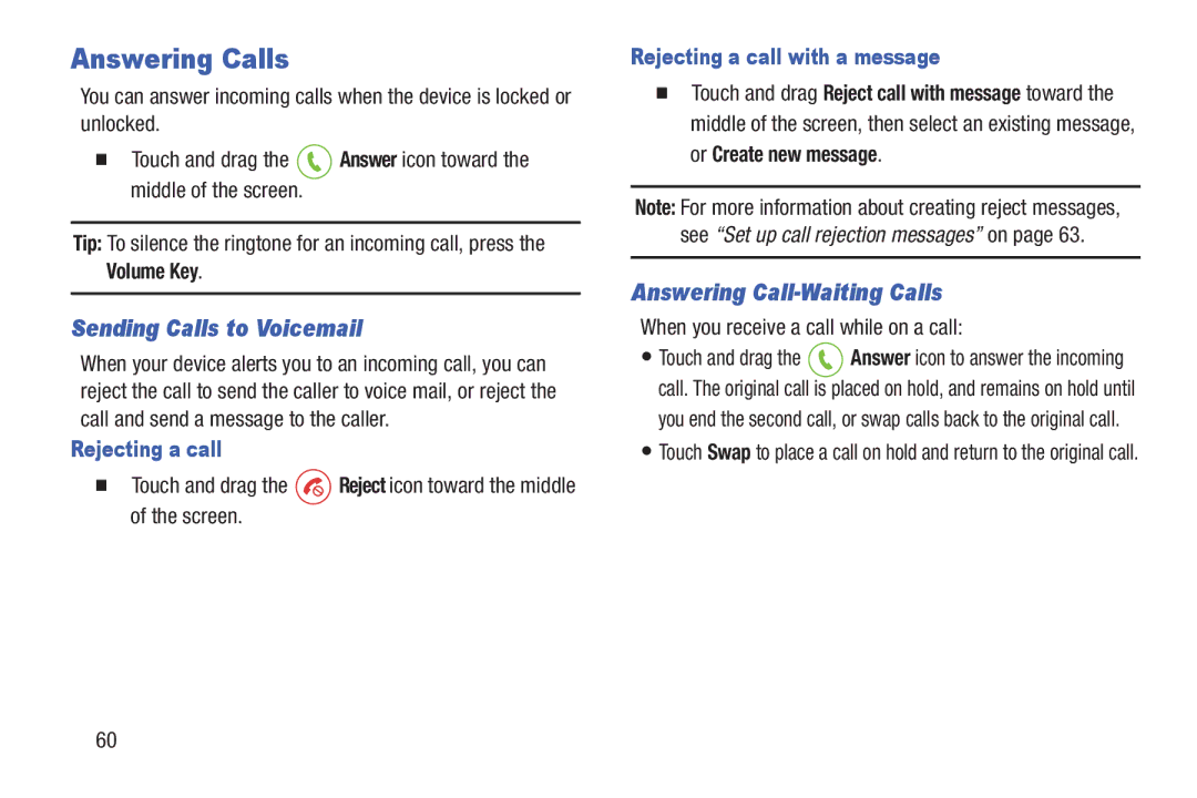 Samsung GH68-38773F user manual Answering Calls, Sending Calls to Voicemail, Answering Call-Waiting Calls, Rejecting a call 