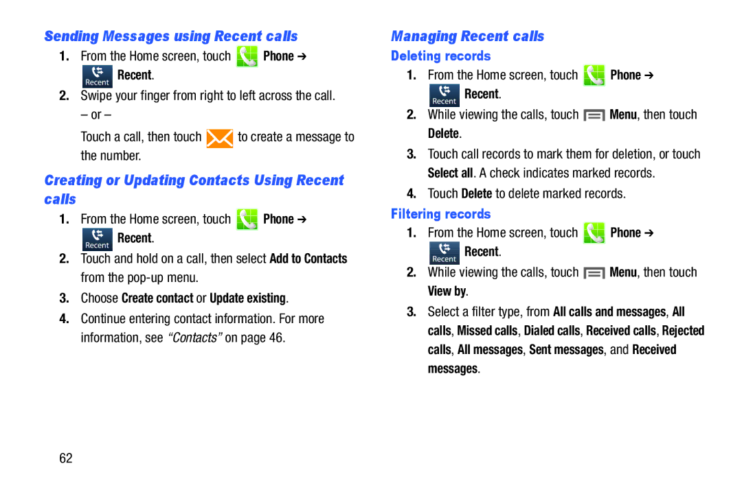 Samsung GH68-38773F user manual Sending Messages using Recent calls, Creating or Updating Contacts Using Recent calls 