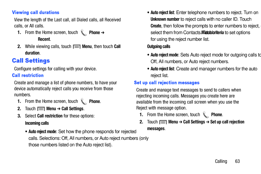 Samsung GH68-38773F user manual Call Settings, Viewing call durations, Call restriction, Set up call rejection messages 