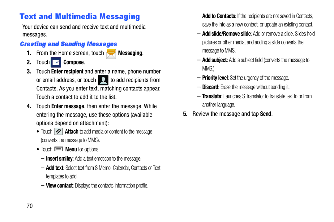 Samsung GH68-38773F user manual Text and Multimedia Messaging, Creating and Sending Messages, Touch Compose 