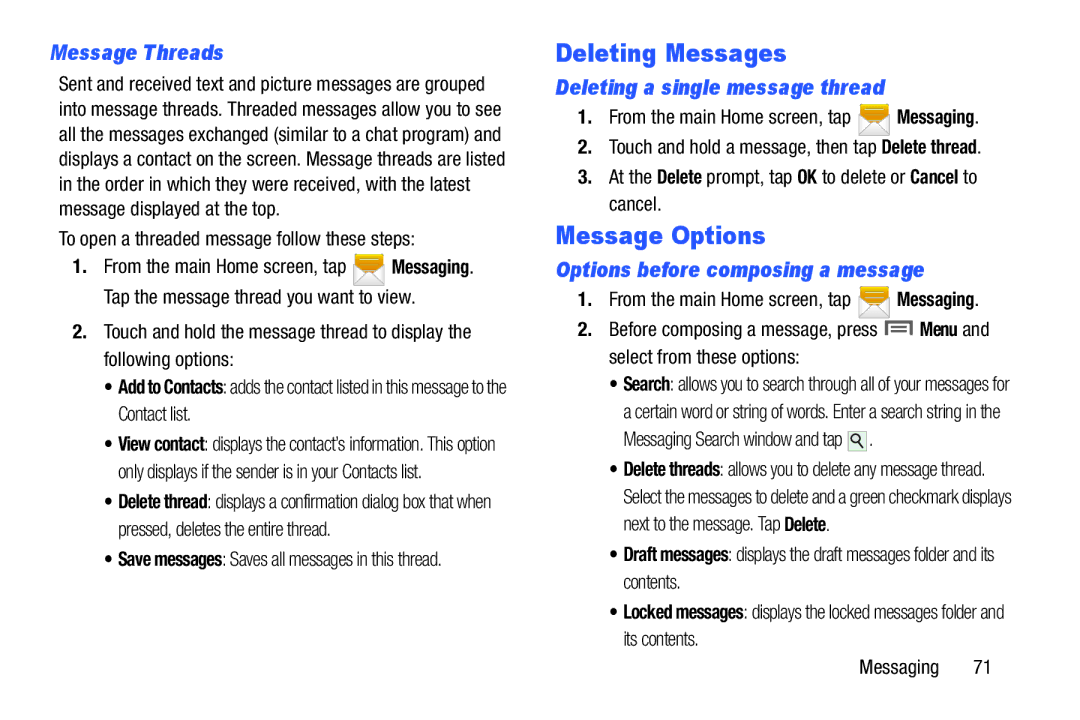 Samsung GH68-38773F user manual Deleting Messages, Message Options, Message Threads, Deleting a single message thread 