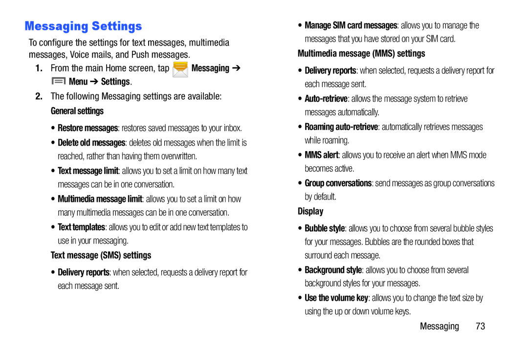 Samsung GH68-38773F user manual Messaging Settings, Menu Settings, General settings, Text message SMS settings 