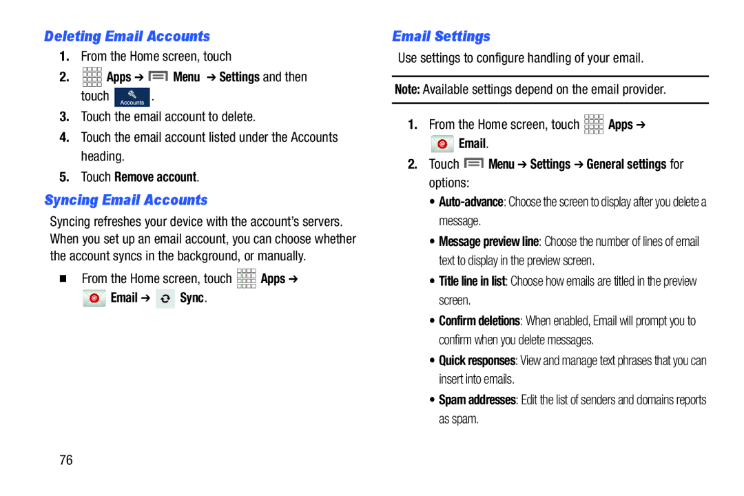 Samsung GH68-38773F user manual Deleting Email Accounts, Syncing Email Accounts, Email Settings 