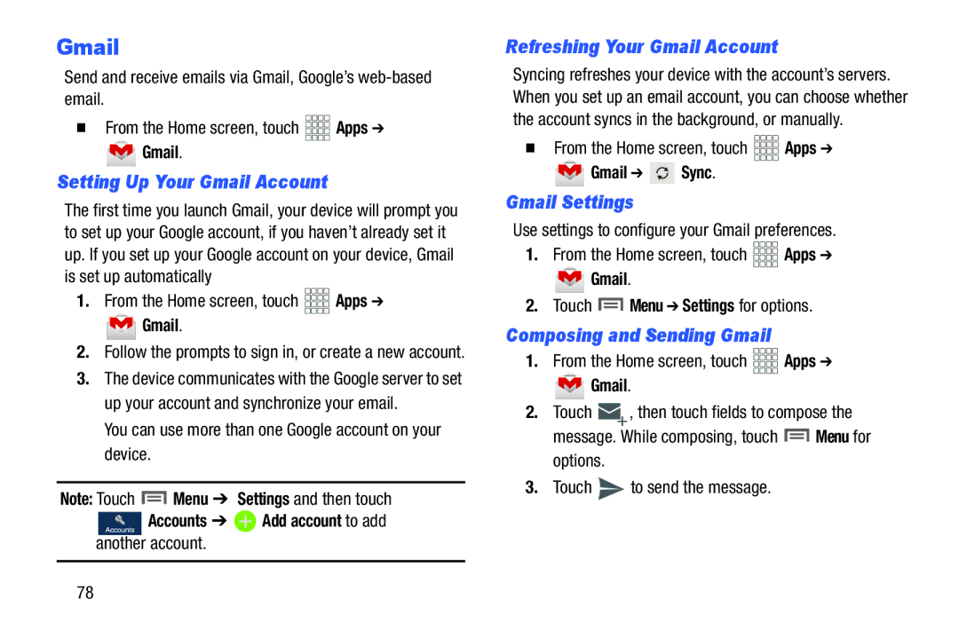 Samsung GH68-38773F user manual Setting Up Your Gmail Account, Refreshing Your Gmail Account, Gmail Settings 