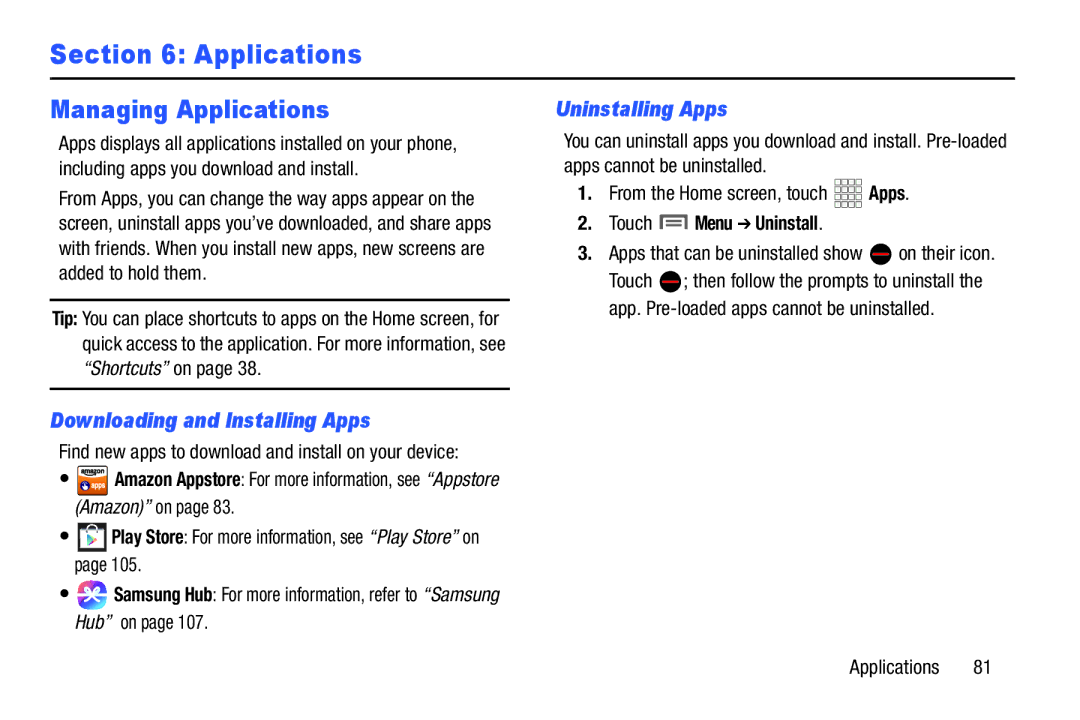 Samsung GH68-38773F Managing Applications, Downloading and Installing Apps, Uninstalling Apps, Touch Menu Uninstall 