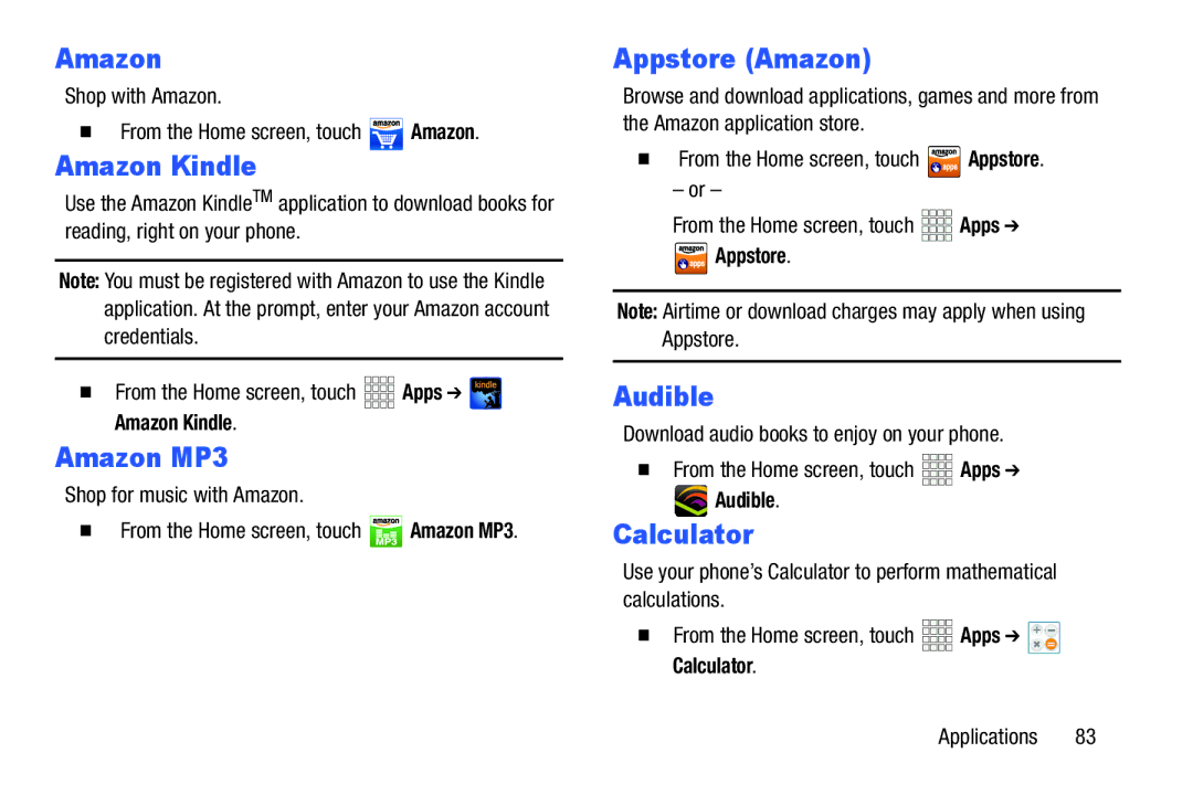 Samsung GH68-38773F user manual Amazon Kindle, Amazon MP3, Appstore Amazon, Audible, Calculator 