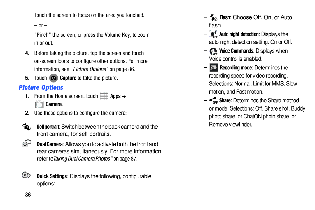 Samsung GH68-38773F Picture Options, Touch Capture to take the picture, Camera, Use these options to configure the camera 