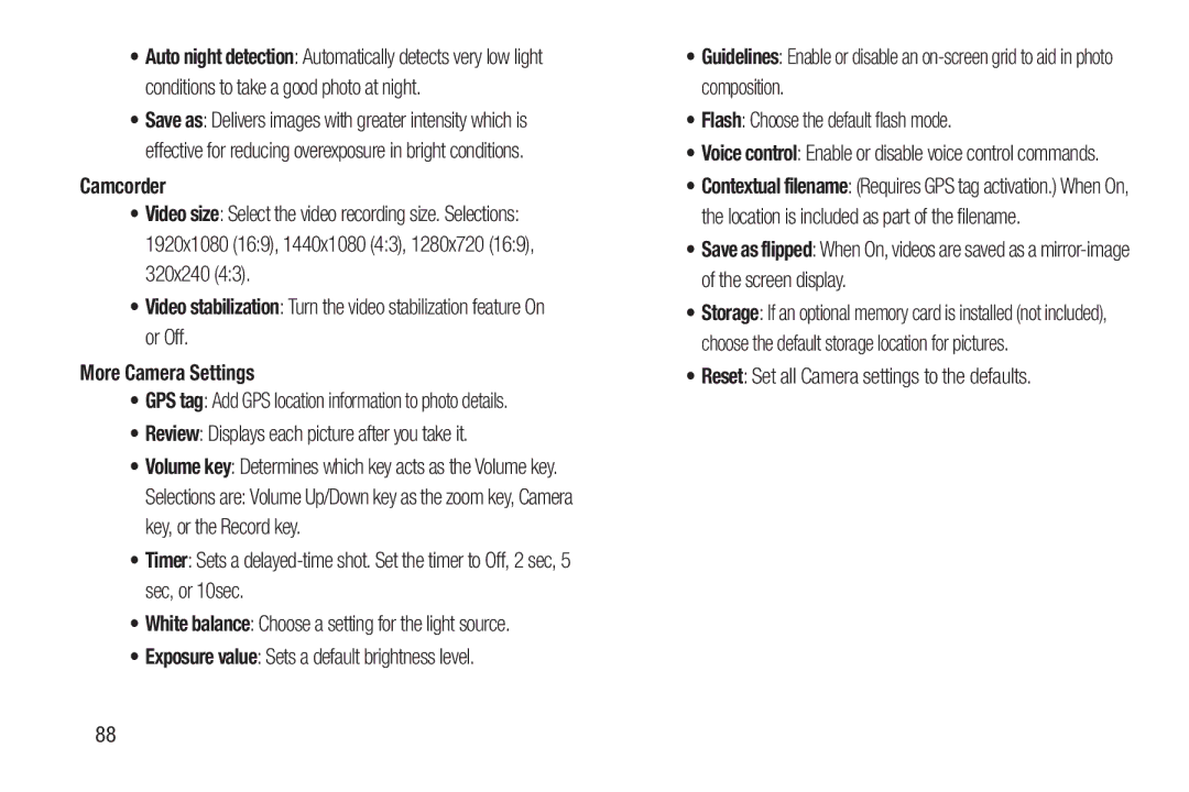 Samsung GH68-38773F Camcorder, Review Displays each picture after you take it, Flash Choose the default flash mode 