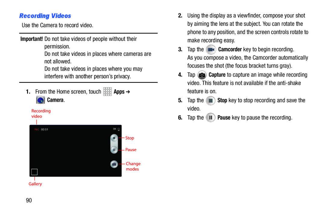 Samsung GH68-38773F user manual Recording Videos, Tap the Camcorder key to begin recording 