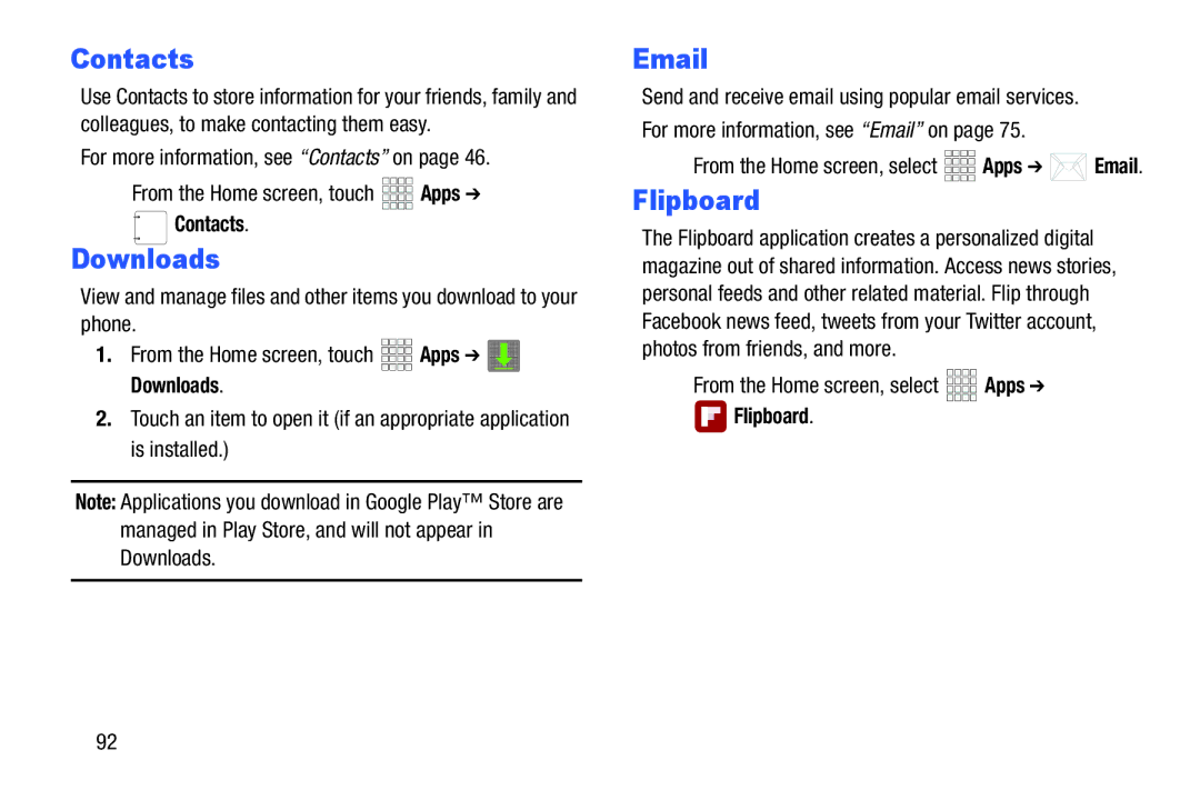 Samsung GH68-38773F user manual Downloads, Flipboard, Contacts,  From the Home screen, select Apps 