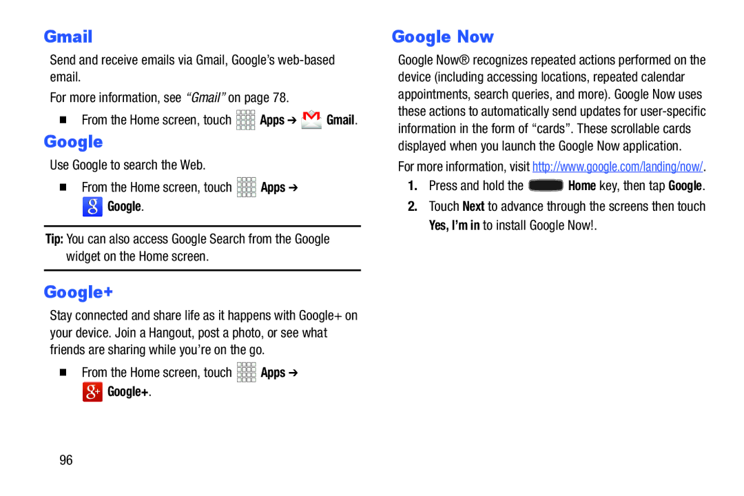 Samsung GH68-38773F user manual Google+, Google Now 