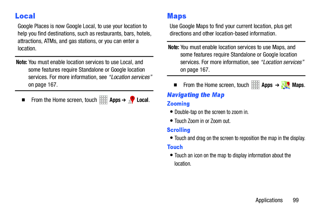 Samsung GH68-38773F user manual Local, Maps, Navigating the Map, Zooming, Scrolling 