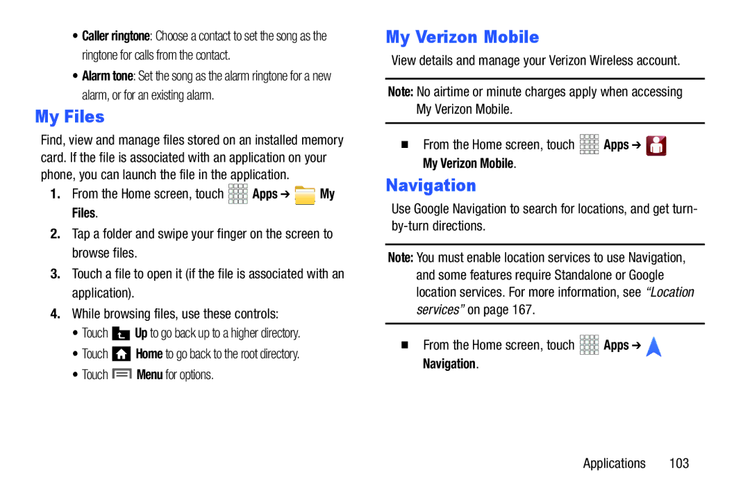 Samsung GH68-38773F user manual My Files, Navigation,  From the Home screen, touch Apps My Verizon Mobile 