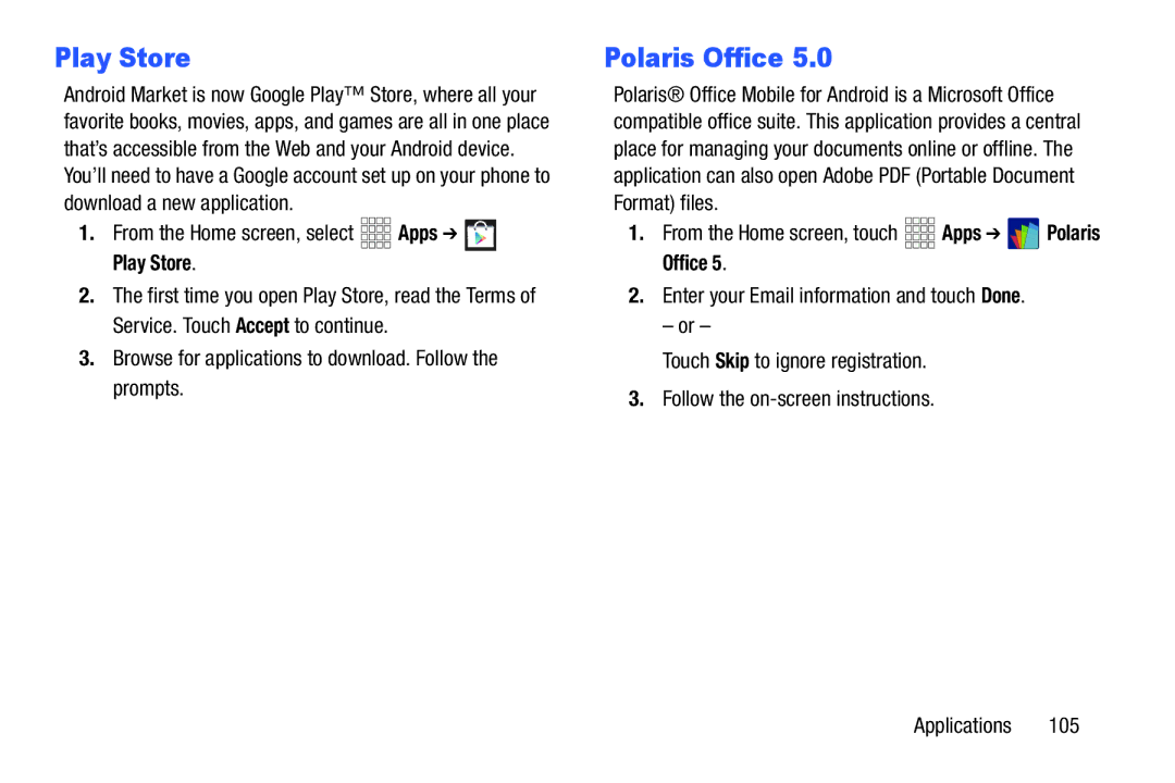 Samsung GH68-38773F user manual Polaris Office, From the Home screen, select Apps Play Store 