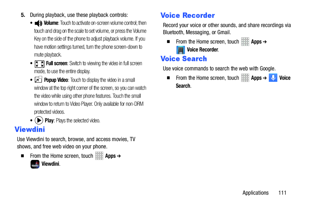 Samsung GH68-38773F user manual Viewdini, Voice Recorder, Voice Search 