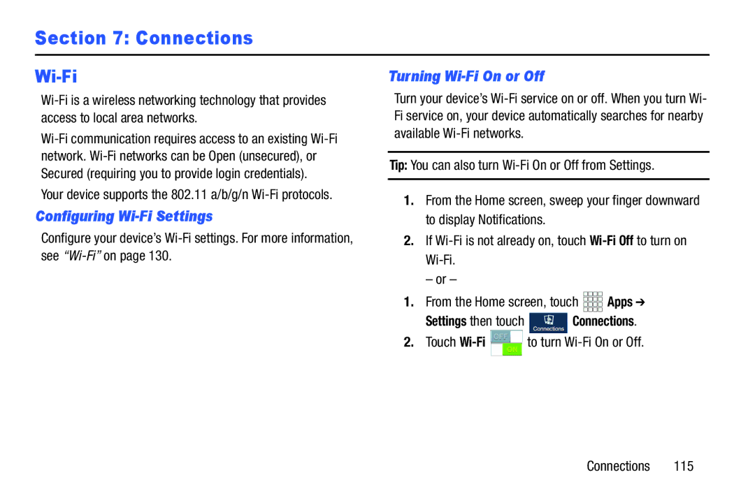 Samsung GH68-38773F user manual Configuring Wi-Fi Settings, Turning Wi-Fi On or Off, Settings then touch Connections 