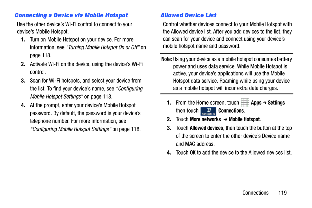 Samsung GH68-38773F Connecting a Device via Mobile Hotspot, Allowed Device List, Touch More networks Mobile Hotspot 