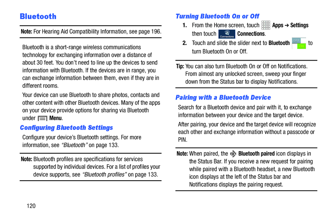 Samsung GH68-38773F Configuring Bluetooth Settings, Turning Bluetooth On or Off, Pairing with a Bluetooth Device 