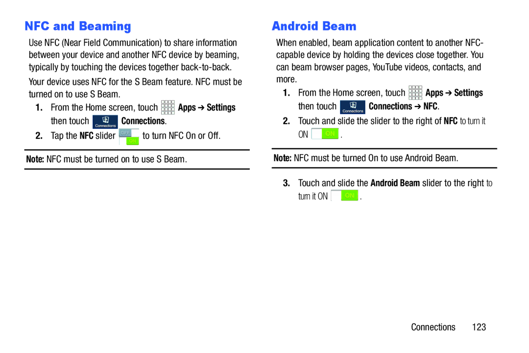 Samsung GH68-38773F user manual NFC and Beaming, Android Beam, Then touch Connections NFC, Turn it on Connections 