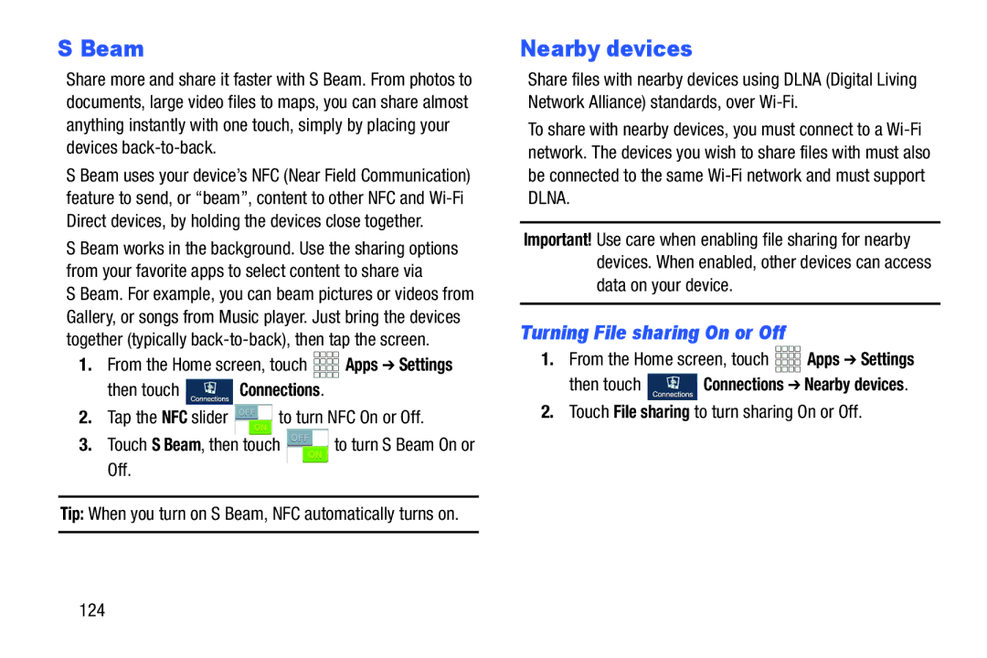 Samsung GH68-38773F Beam, Nearby devices, Turning File sharing On or Off, Touch File sharing to turn sharing On or Off 124 