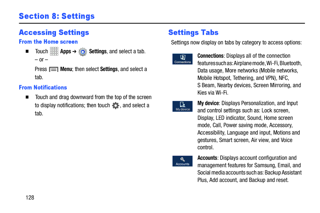 Samsung GH68-38773F user manual Accessing Settings, Settings Tabs, From the Home screen, From Notifications 