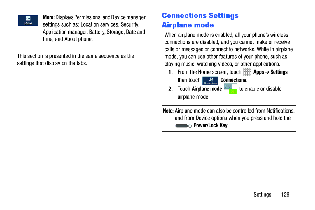 Samsung GH68-38773F Connections Settings Airplane mode, More Displays Permissions, and Device manager, Power/Lock Key 