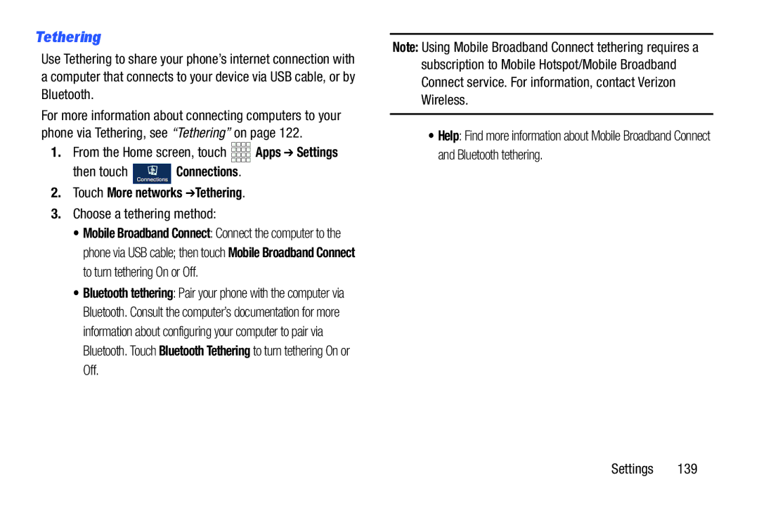 Samsung GH68-38773F user manual Touch More networks Tethering, Choose a tethering method 