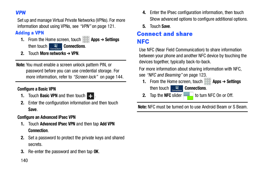 Samsung GH68-38773F user manual Connect and share, Adding a VPN, Touch More networks VPN Configure a Basic VPN, Touch Save 