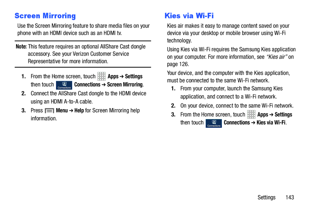 Samsung GH68-38773F user manual Screen Mirroring, Kies via Wi-Fi, On your device, connect to the same Wi-Fi network 