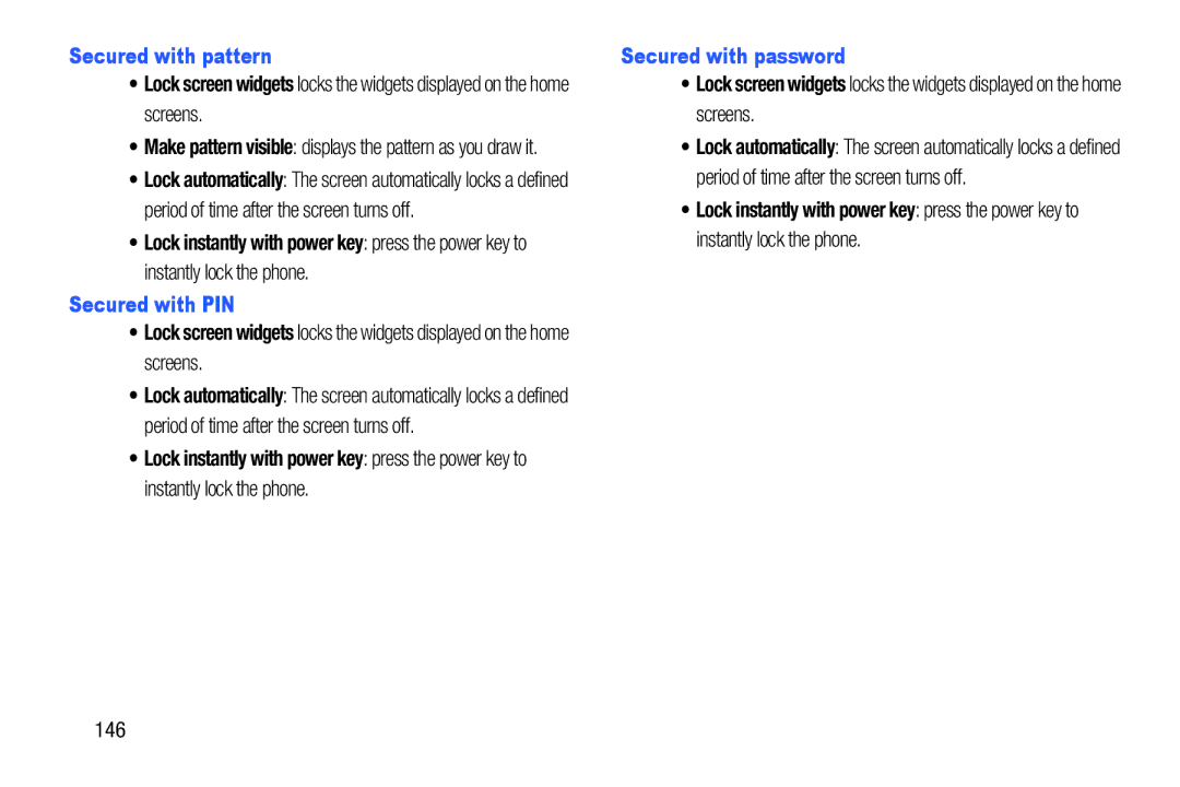 Samsung GH68-38773F user manual Secured with pattern, Secured with PIN, Secured with password, 146 
