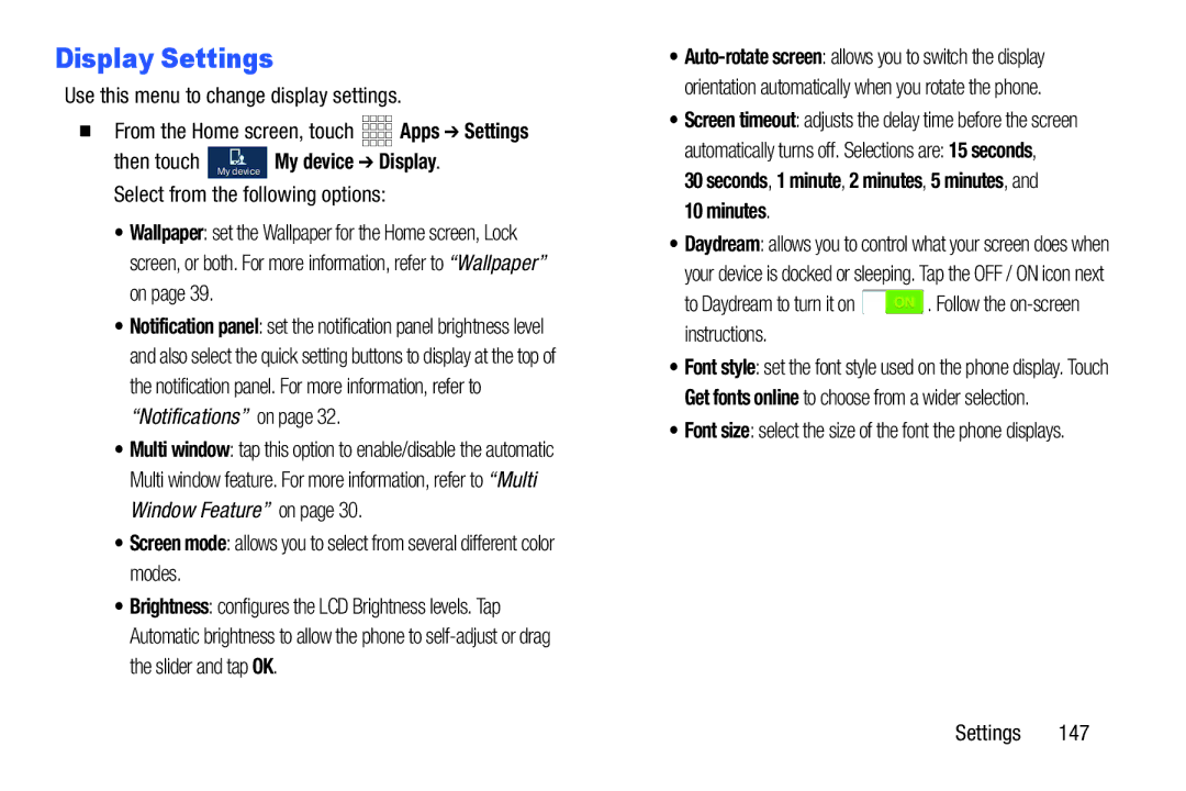 Samsung GH68-38773F user manual Display Settings, Seconds, 1 minute, 2 minutes, 5 minutes, and 10 minutes 