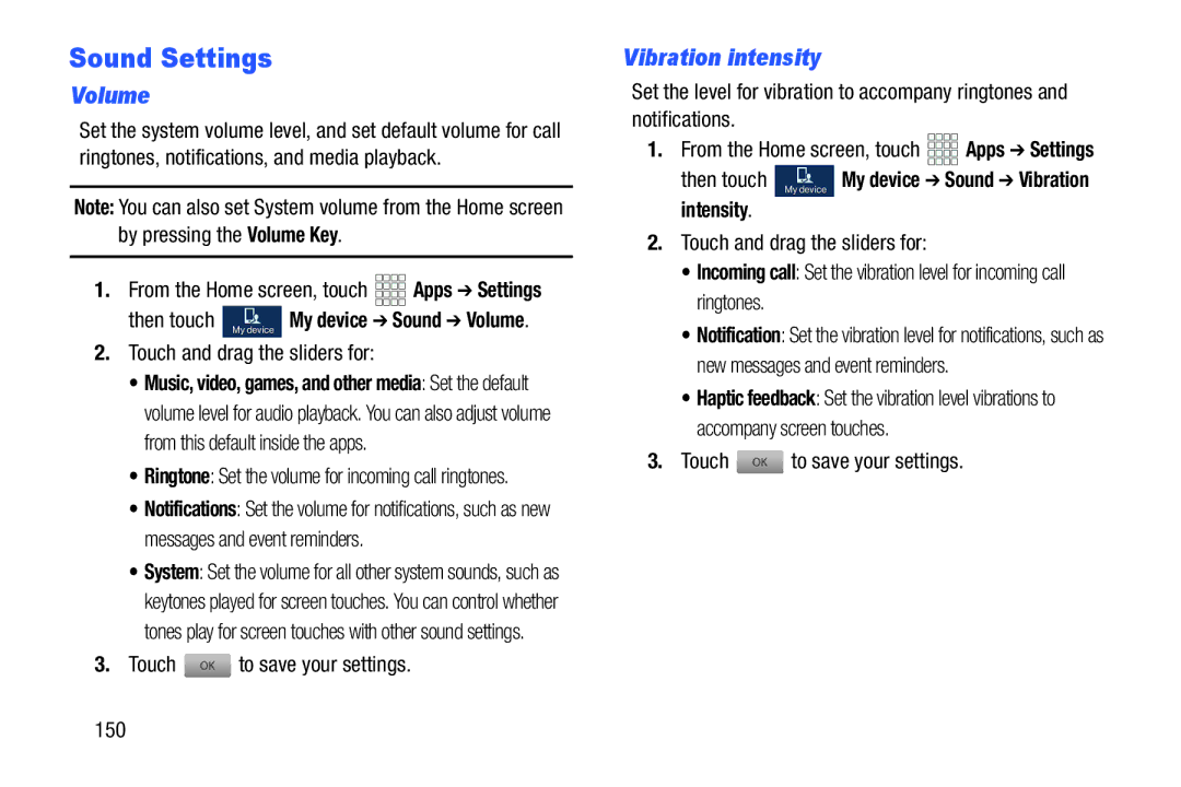 Samsung GH68-38773F user manual Sound Settings, Volume, Then touch My device My device Sound Vibration intensity 