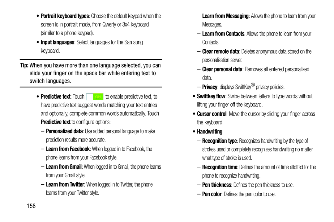 Samsung GH68-38773F Input languages Select languages for the Samsung keyboard, Privacy displays SwiftKey privacy policies 