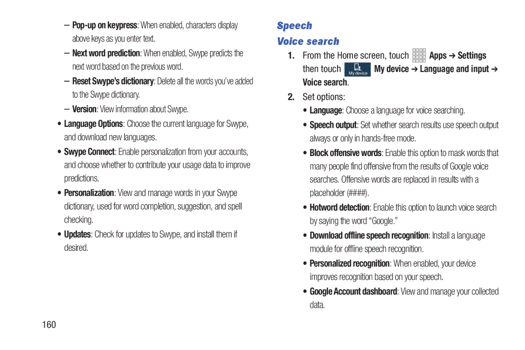 Samsung GH68-38773F user manual Speech Voice search, Version View information about Swype, Set options, 160 