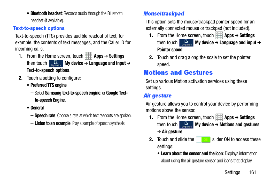 Samsung GH68-38773F user manual Motions and Gestures, Mouse/trackpad, Air gesture, Text-to-speech options 