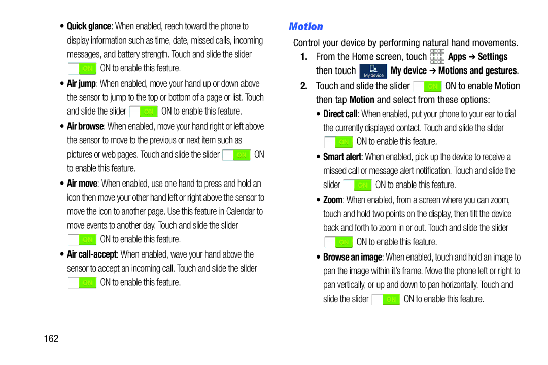 Samsung GH68-38773F user manual Motion, Slider on to enable this feature, Slide the slider on to enable this feature 162 